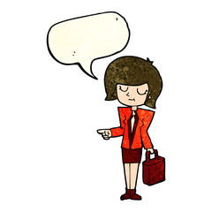 cartoon businesswoman pointing with speech bubble