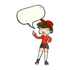 cartoon skater girl giving thumbs up symbol with speech bubble