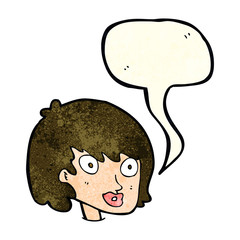 cartoon happy female face with speech bubble