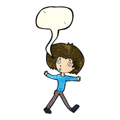 cartoon surprised man walking with speech bubble