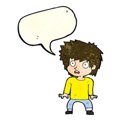 cartoon frightened boy with speech bubble