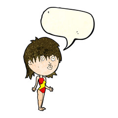 cartoon woman in swimsuit shrugging shoulders with speech bubble