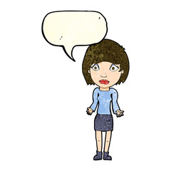 cartoon woman shrugging shoulders with speech bubble