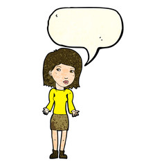 cartoon woman shrugging shoulders with speech bubble