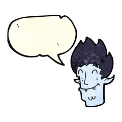 cartoon happy vampire head with speech bubble