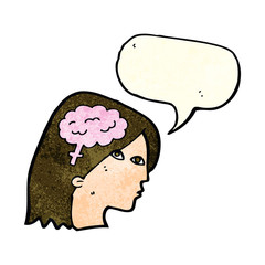 cartoon female head with brain symbol with speech bubble