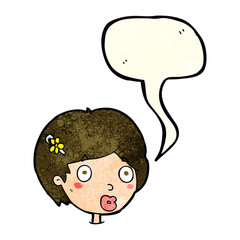 cartoon surprised female face with speech bubble