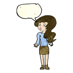 cartoon woman shrugging shoulders with speech bubble