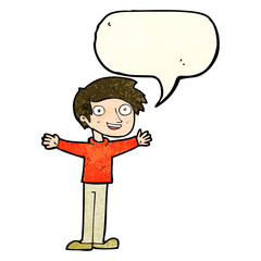 cartoon enthusiastic man with speech bubble