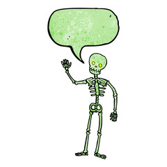 cartoon waving skeleton with speech bubble