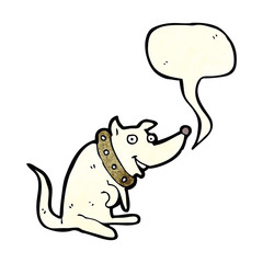 cartoon happy dog in big collar with speech bubble