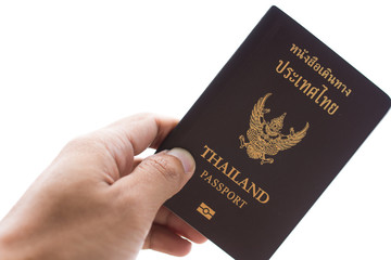 Thailand Passport and hand on white background