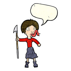 cartoon woman with spear sticking out tongue with speech bubble