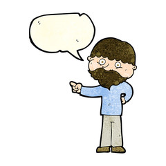 cartoon bearded man pointing with speech bubble