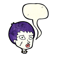 cartoon female zombie head with speech bubble