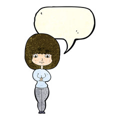cartoon shy woman with speech bubble