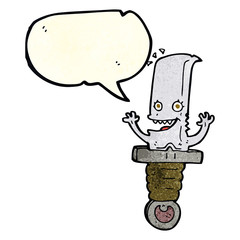 crazy cartoon knife character with speech bubble