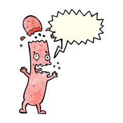cartoon undercooked sausage with speech bubble