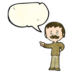 cartoon man with mustache pointing with speech bubble