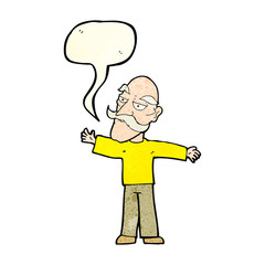 cartoon old man spreading arms wide with speech bubble