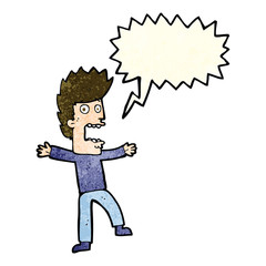cartoon terrified man with speech bubble