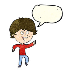 cartoon happy pointing man with speech bubble