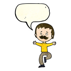 cartoon dancing man with mustache with speech bubble