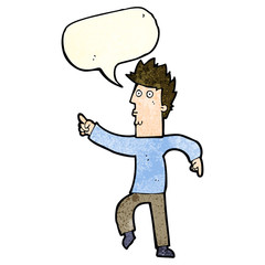 cartoon worried man pointing with speech bubble