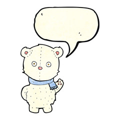 cartoon waving polar bear cub with speech bubble