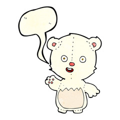 cartoon waving polar bear cub with speech bubble