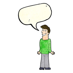 cartoon man shrugging shoulders with speech bubble