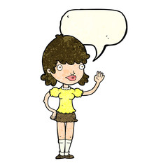 cartoon waving woman with speech bubble
