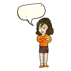 cartoon woman with crossed arms with speech bubble