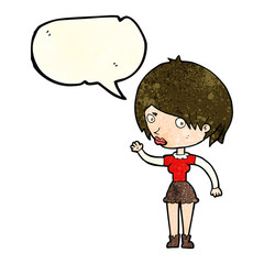 cartoon waving woman with speech bubble
