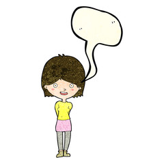 cartoon friendly woman with speech bubble