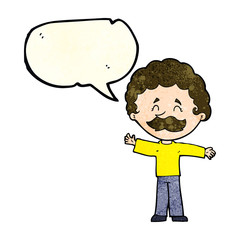 cartoon boy with mustache with speech bubble