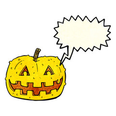 cartoon pumpkin with speech bubble