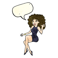 cartoon sitting woman waving with speech bubble
