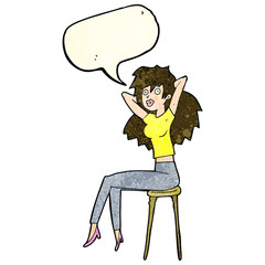 cartoon woman posing on stool with speech bubble