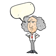 cartoon big hair lecturer man with speech bubble