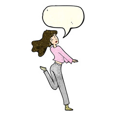 cartoon happy girl kicking out leg with speech bubble