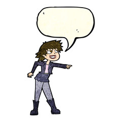cartoon woman pointing with speech bubble