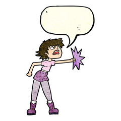 cartoon woman punching with speech bubble