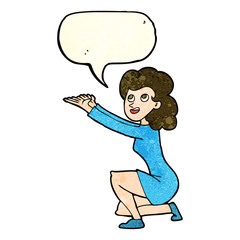 cartoon woman presentation gesture with speech bubble