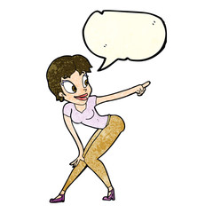 cartoon pretty woman pointing with speech bubble