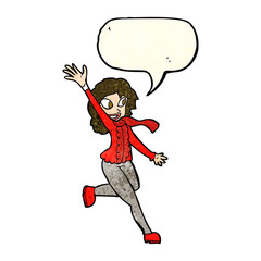 cartoon woman waving dressed for winter with speech bubble