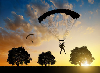 Atterrissage de parachutiste de parachutiste de silhouette au coucher du soleil