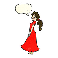 cartoon pretty woman in dress with speech bubble