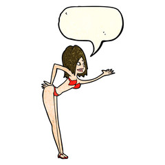 cartoon woman in bikini with speech bubble