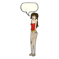 cartoon pretty woman shrugging shoulders with speech bubble